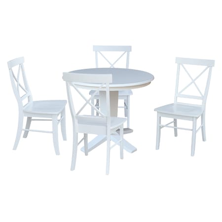 International Concepts 36 in. Solid Wood Round Top Pedestal Dining Table with 4 Chairs in White K08-36RT-23B-C613-4